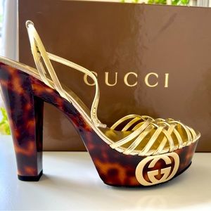 Gucci Vitelli Vernice Soft Mystic Gold & Tortoise Platform Sandals sz 7